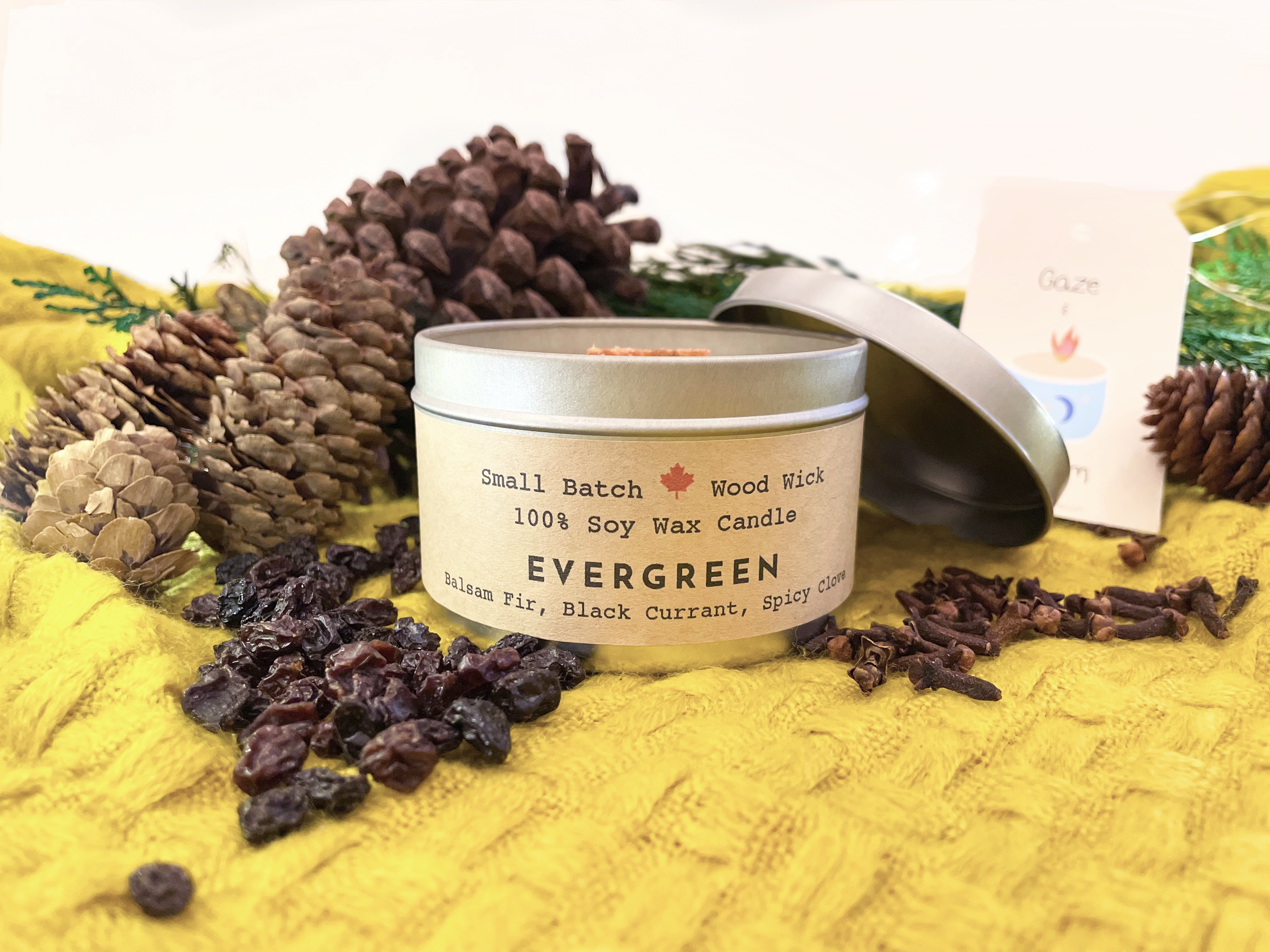 Shine On Candle Relaxation Set: "Evergreen" Candle (Balsam Fir, Black Currant + Spicy Clove), Meditation Card + Mindfulness Journal