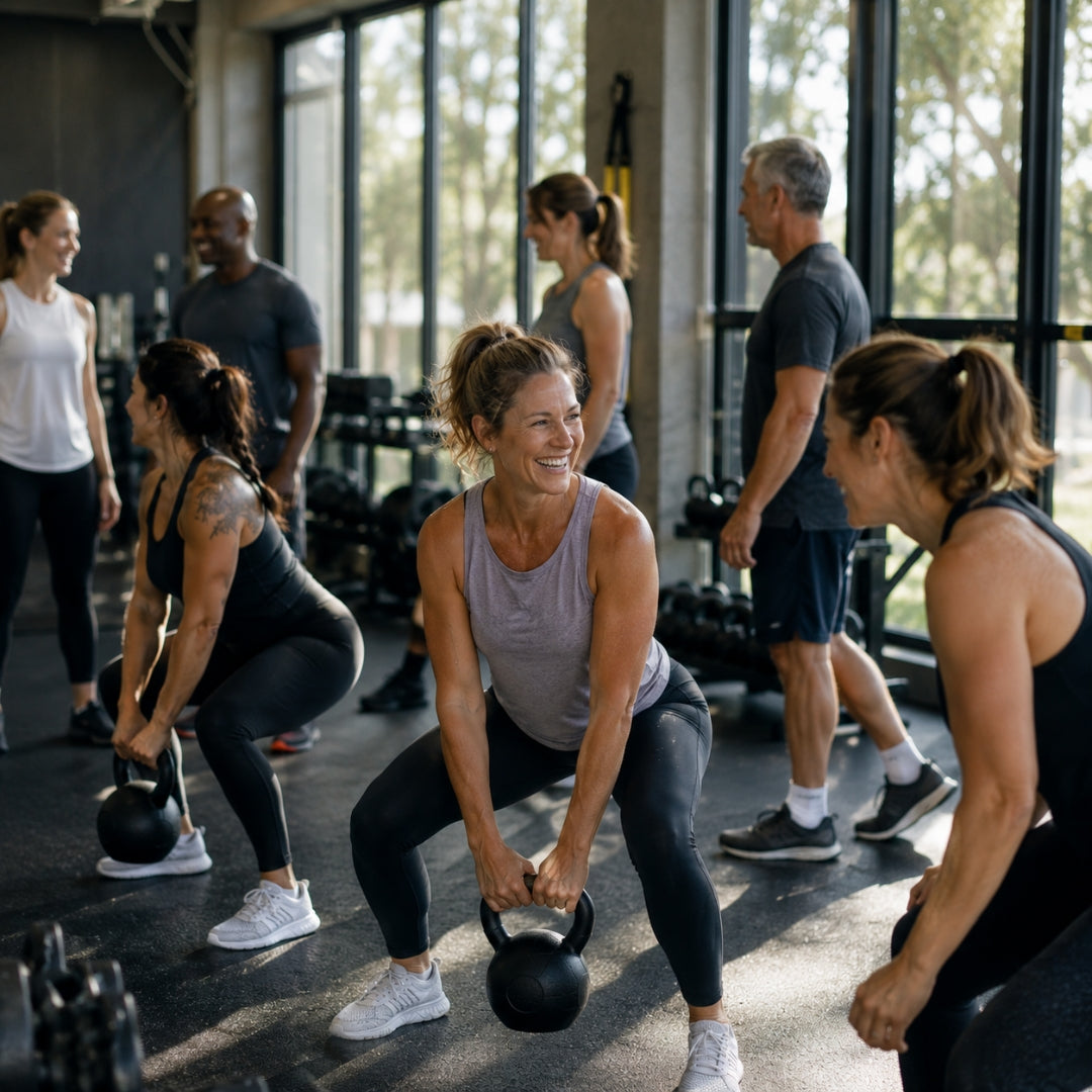 Group of people exercising with kettlebells in a gym setting
