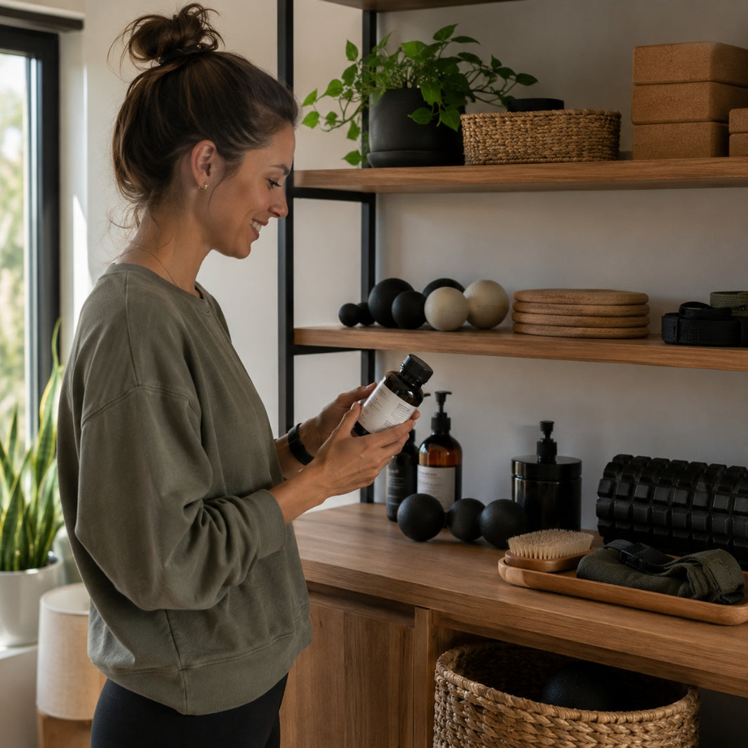 Woman examining a bottle in a home setting with shelves and plants.
