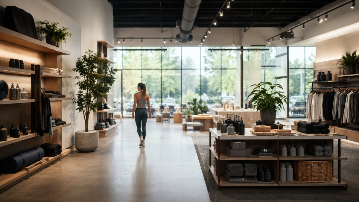 Woman walking through a modern clothing store with large windows and shelves.