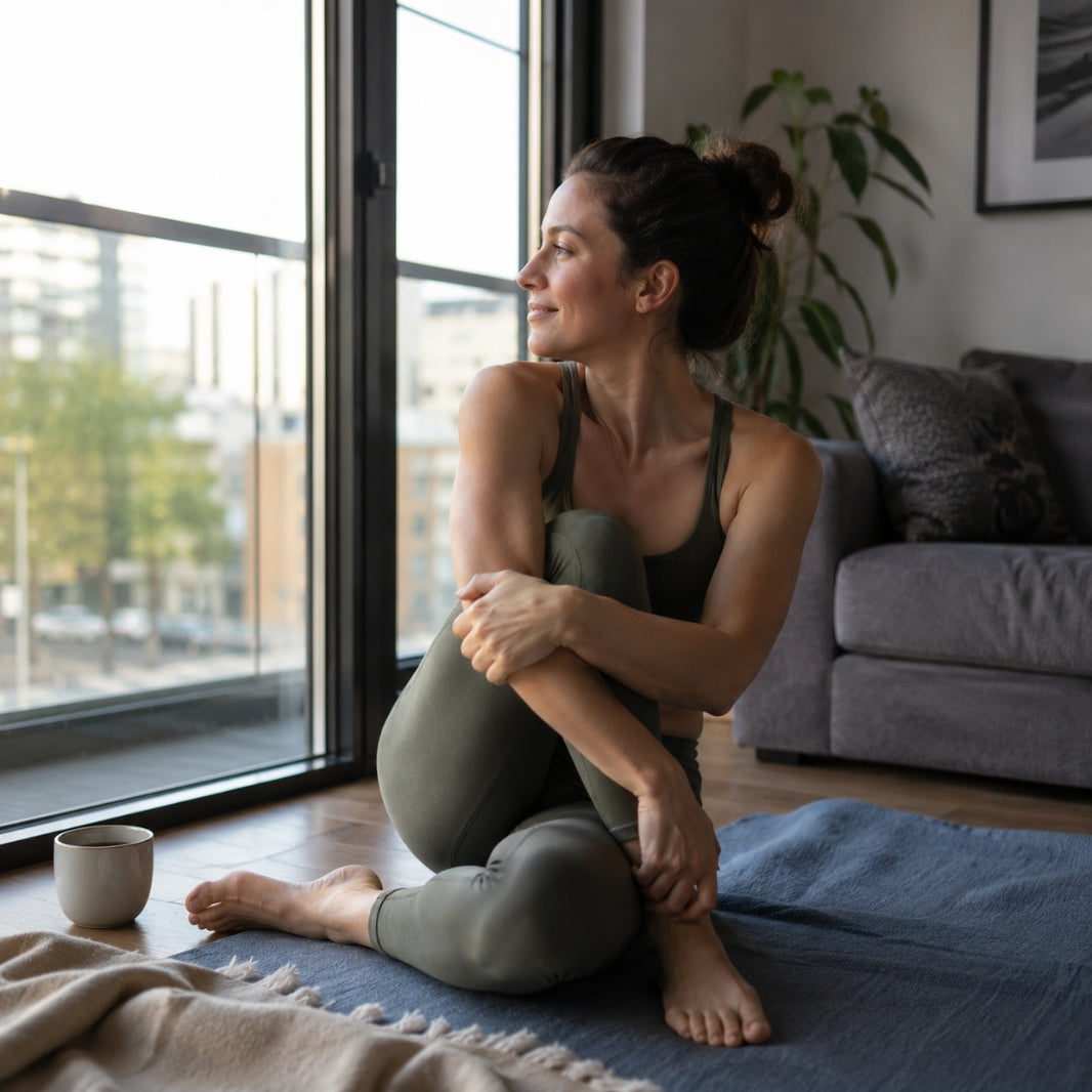 Woman sitting on a yoga mat in a living room, looking out a window.