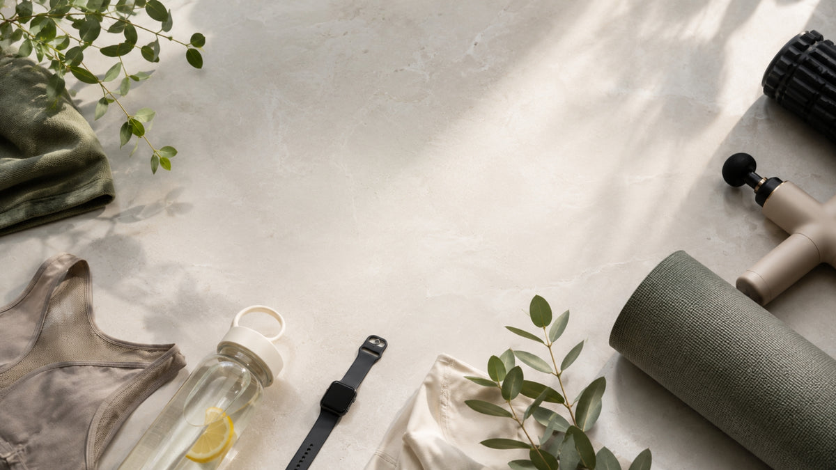 Yoga mat, water bottle, towel, and other items on a light surface with greenery.